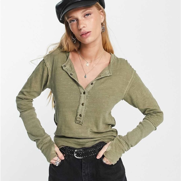 Free People Tops - Free People Henley phoebe pullover distressed sage green RARE